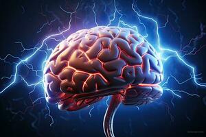 mänsklig hjärna med blixt, 3d illustration, horisontell, över mörk bakgrund, brainstorming begrepp. 3d illustration av mänsklig hjärna med blixt, ai genererad foto