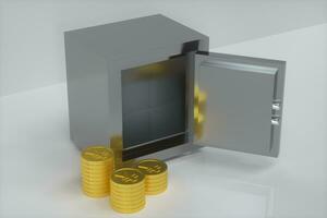 mekanisk säker, med skinande gyllene mynt bredvid, 3d tolkning. foto