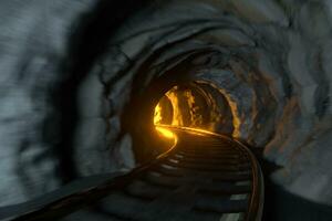 de järnväg tunnel med ljus upplyst i de slutet, 3d tolkning. foto