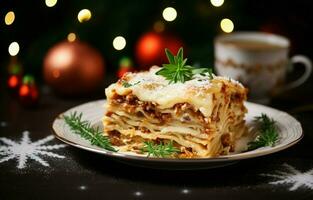 närbild av en utsökt varm lasagne med jul dekor på en ljus bakgrund. dess en traditionell italiensk maträtt tillverkad med hemlagad pasta. foto