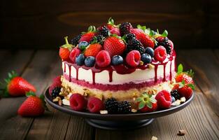 utsökt hallon kaka med färsk jordgubbar, hallon, blåbär, vinbär, och pistaschmandlar på trä- bakgrund generativ ai foto