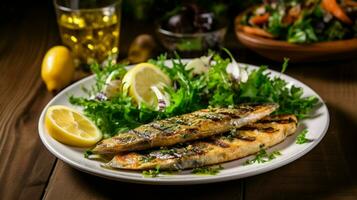 grillad sardiner med sallad, bröd och potatis, portugal lyx bakgrund foto