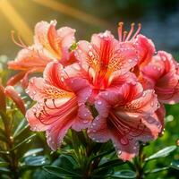 azalea, soluppgång blommor vatten landskap zoom stänga upp Färg doftande skön sällsynt rosa generativ ai foto