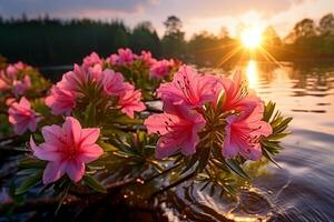 azalea, soluppgång blommor vatten landskap zoom stänga upp Färg doftande skön sällsynt rosa generativ ai foto