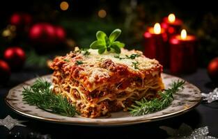 närbild av en utsökt varm lasagne med jul dekor på en ljus bakgrund. dess en traditionell italiensk maträtt tillverkad med hemlagad pasta. foto