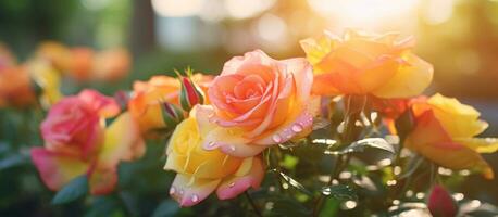 rosa och gul reste sig blomma i de trädgård och solljus med bokeh, generativ ai foto