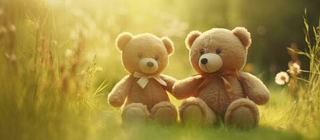par teddy björnar kramas blommor trädgård grön gräs, hjärtans dag begrepp. generativ ai foto