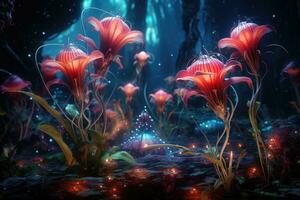 skön röd blommor i de akvarium. under vattnet värld. 3d tolkning, abstrakt fantasi Plats växter och lysande blommor, ai genererad foto