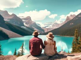 par ser på en sjö i de bergen foto