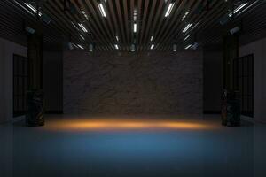 de tömma utställningslokal med lysande lampor, 3d tolkning. foto