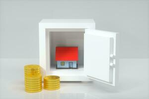 de små hus modell bredvid de gyllene mynt, 3d tolkning. foto