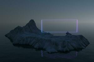 neon fyrkant på de ö av snö berg på de hav, 3d tolkning. foto