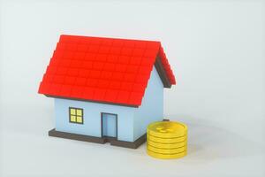 de små hus modell bredvid de gyllene mynt, 3d tolkning. foto