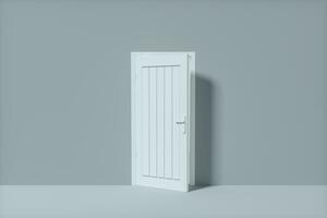 trä- dörr med tom grå vägg, 3d tolkning. foto