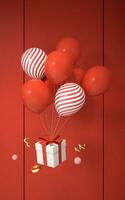 ballonger och gåvor med röd bakgrund, 3d tolkning. foto