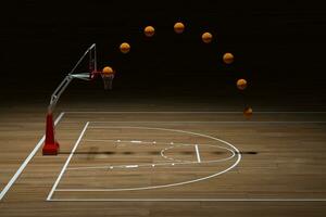 basketboll domstol med trä- golv, 3d tolkning. foto