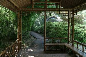 gammal bambu stuga och de väg, suzhou trädgård, i Kina. foto