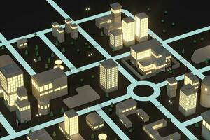stadens centrum byggnad på natt, simulering stad, 3d tolkning. foto