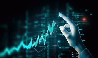 stänga upp av affärsman hand rörande med finger virtuell panel med forex Diagram foto