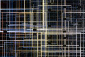gyllene cyber Plats med korsade lysande rader, 3d tolkning. foto