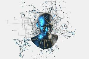 blå metall mänsklig huvud med partiklar, 3d tolkning. foto