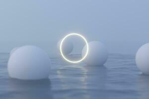 lysande ram och vit bollar flytande på de sjö, 3d tolkning. foto