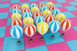 flera olika varm luft ballong med färgrik bakgrund, 3d tolkning. foto