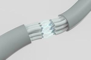 kabel- med utökad kärna, elektronisk förbindelse produkt, med blixt- effekt 3d tolkning. foto