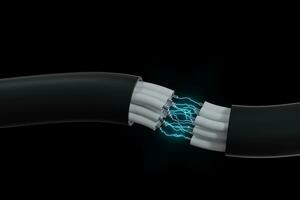 kabel- med utökad kärna, elektronisk förbindelse produkt, med blixt- effekt 3d tolkning. foto