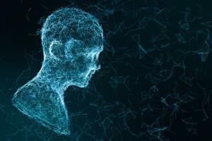 mänsklig huvud tillverkad upp av teknologisk rader med de begrepp av artificiell intelligens, 3d tolkning. foto