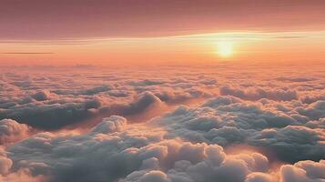 lager av bergen och dimma på solnedgång tid, en se från ovan de moln ai generativ foto