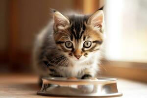 tabby katt kattunge äter sällskapsdjur mat från matning skål, ai generativ foto