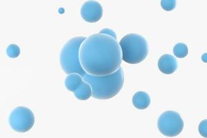 blå sfärer och molekyl modell, slumpmässig distribuerad, 3d tolkning. foto