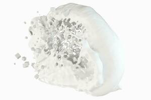 renhet stänk mjölk med flygande kuber, 3d tolkning. foto