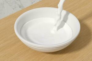 en skål av mjölk och stänk flytande, 3d tolkning. foto
