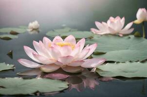 botanisk fotografi av en slå samman i en naturlig miljö, var de yta är Utsmyckad med delikat rosa lotus blommor och lilja dynor. foto