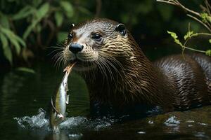 en jätte flod utter matning i dess naturlig livsmiljö i de pantanal område av Brasilien. foto