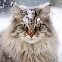 en katt med snö på dess huvud ai generativ foto