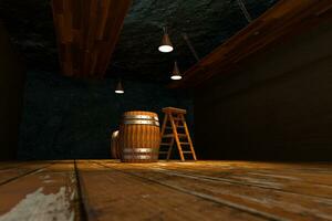 trä- källare med fat och stege inuti, årgång dryck lager, 3d tolkning. foto