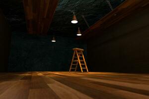 trä- källare med stege och tak lampa inuti, årgång lager, 3d tolkning. foto