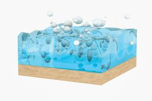 ljus blå vatten Vinka kub, med kreativ sfärer bubbla, 3d tolkning. foto