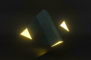3d tolkning, gul lysande triangel pelare med mörk bakgrund, foto