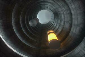 ett övergiven runda tunnel byggnad i mörker, med scen av vetenskap fiktion, 3d tolkning. foto