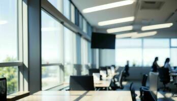 suddig bakgrund av en ljus modern kontor med panorama- fönster och skön belysning ai genererad foto