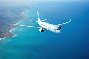antenn se av en passagerare eller frakt jet plan flygande över de omfattande blå hav ai generativ foto