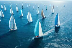 skön segelbåtar segling i en team på en hav av blå klarhet var fångad förbi ett antenn Drönare ai generativ foto