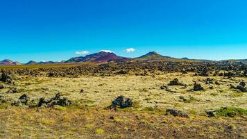 panorama- över isländsk färgrik och vild landskap med lava fält täckt förbi gammal mossa på sommar solig dag med blå himmel, island foto