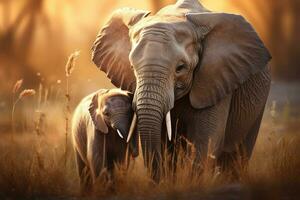 mor elefant och henne kalv, anbud och hjärtvärmande scen, visa upp de stark obligation mellan förälder och avkomma ai generativ foto