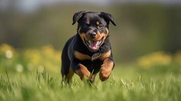 energisk rottweiler valp löpning genom en grön fält under en värma vår dag. ai generativ foto