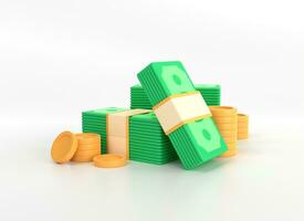 3d stack av pengar och en stack av guld mynt i en minimalistisk tecknad serie stil. grön sedlar isolerat på vit bakgrund.affär och finansiell investering begrepp. 3d tolkning illustration. foto